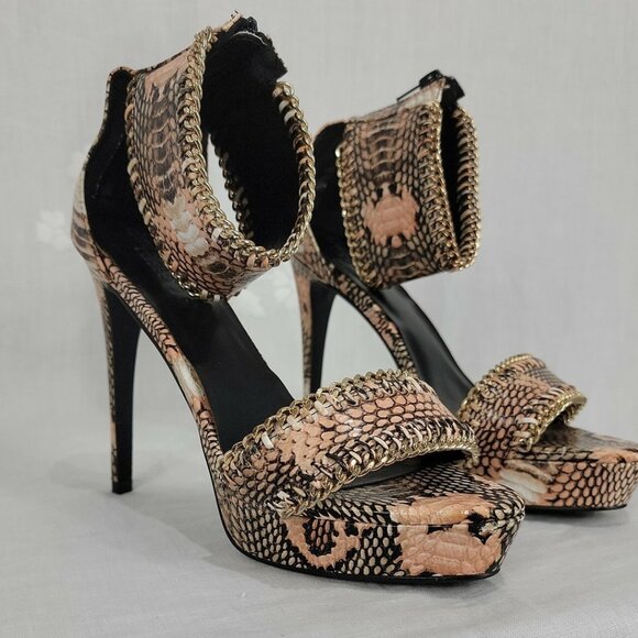 Tan Snakeskin Platform Heels with Gold Chain - Picture 1 of 6